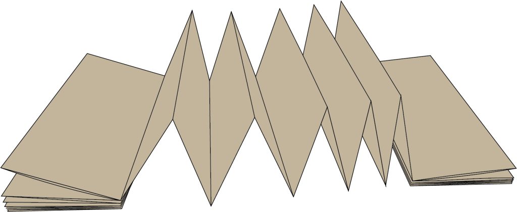 A diagram of a Maya book. Depicts paper folded in an accordion style with two bookends.